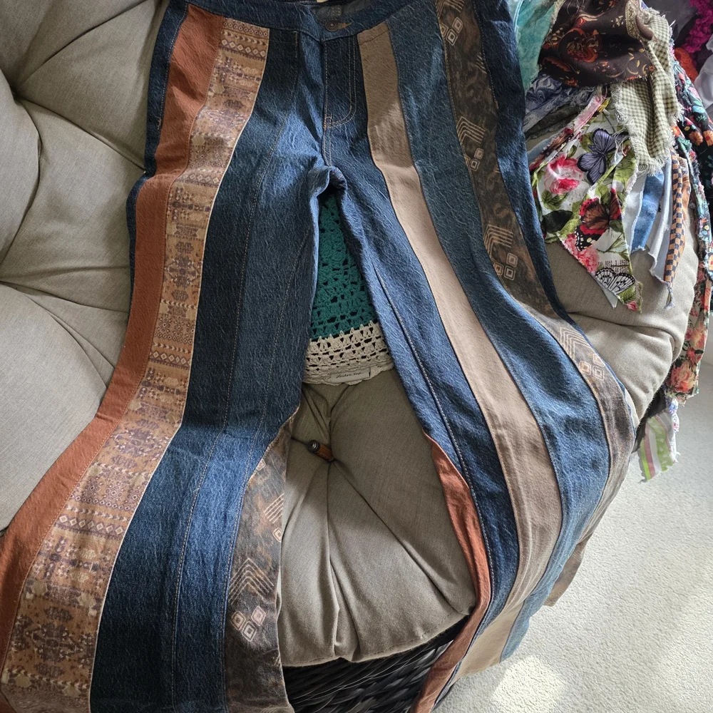 Free People Striped Patchwork Wide-Leg Jeans in Blue and Brown